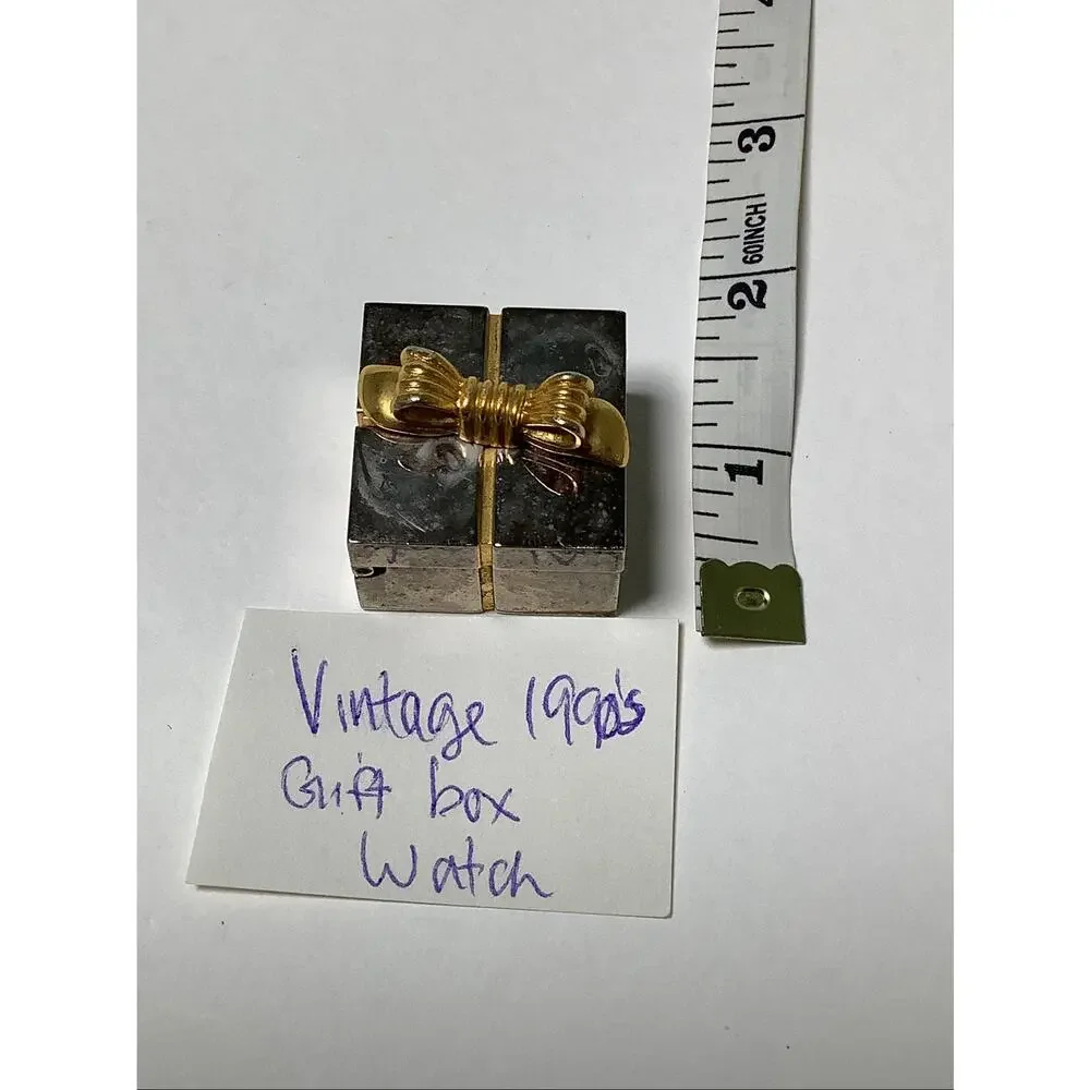 Vintage 1996 Gold Bow Silver Tone Miniature Present Box Desk Clock Gift E3-14